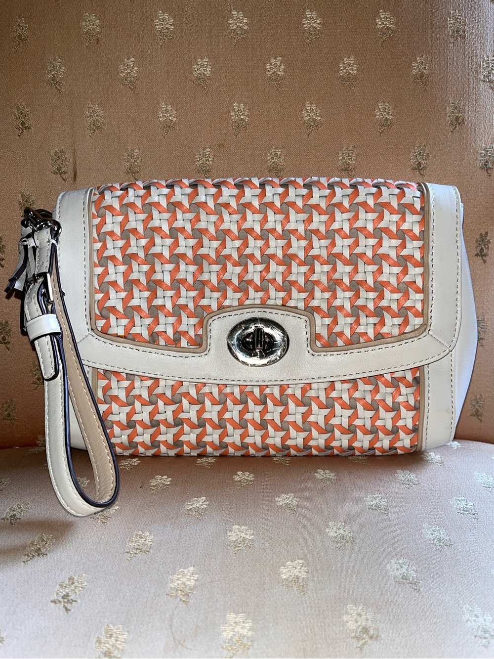 New Coach Coral and White Caning Leather Wristlet / Clutch